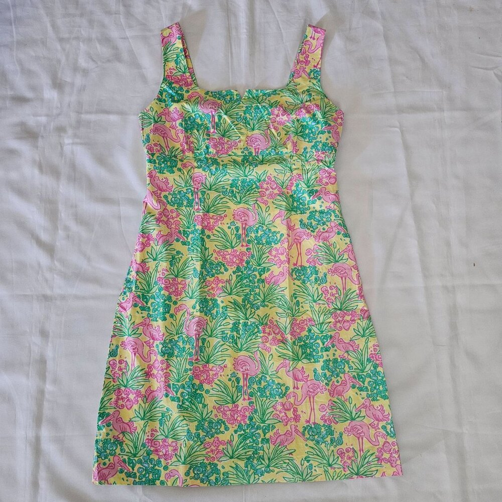 Lilly Pulitzer Women's Green Pink Flamingo Floral Print Dress Shift Dress Sz 10 - Picture 3 of 13